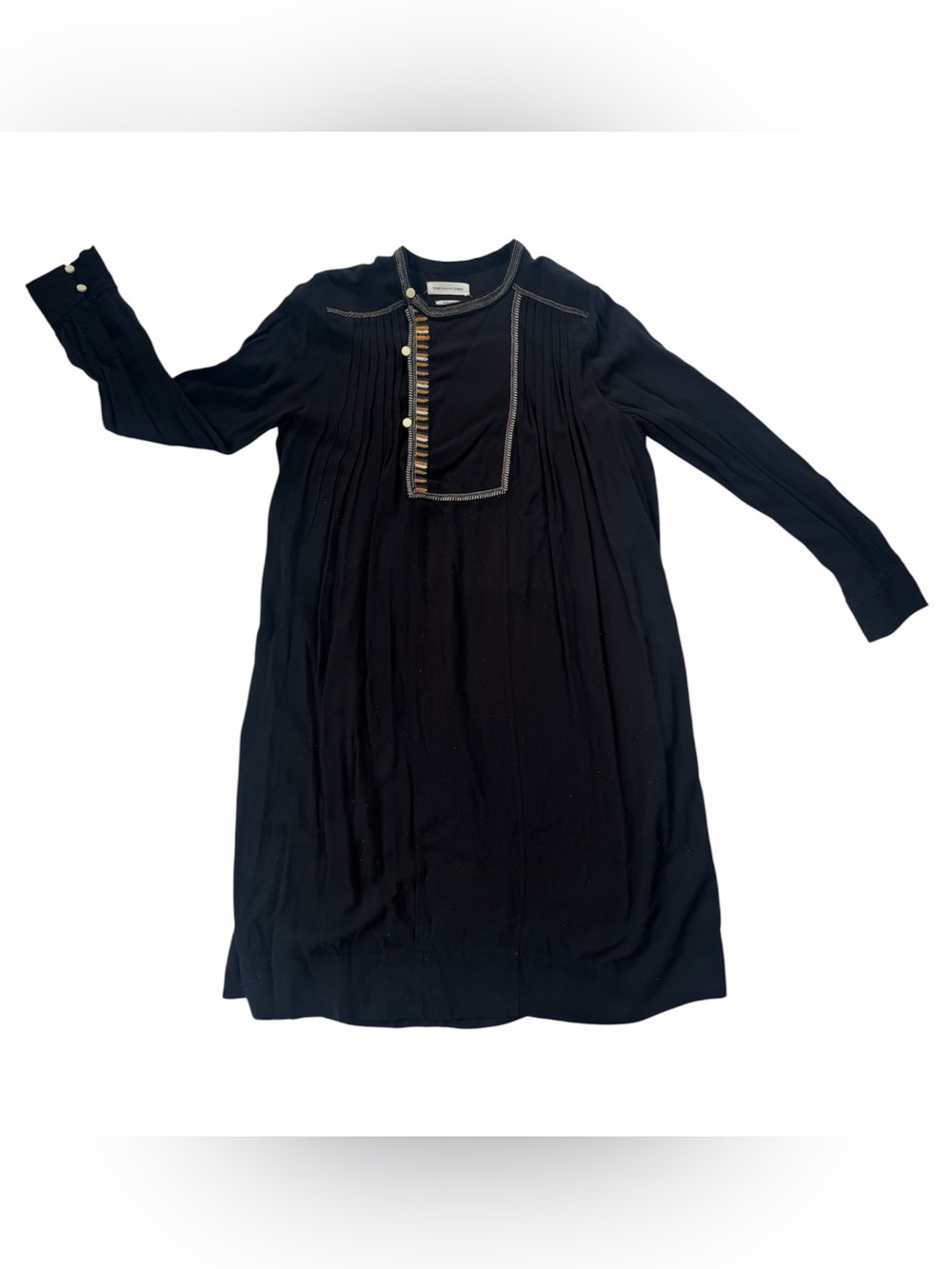 Isabel Marant Étoile Black Embroidered Pleated Tunic Mini Dress Boho
